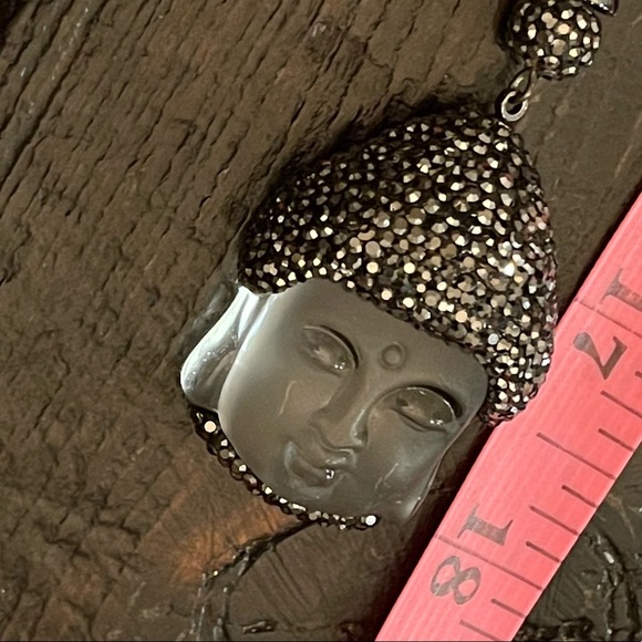 Glass Buddha pendant necklace with in pyrite/ Hematite beads. 32 inches long. - Picture 2 of 10